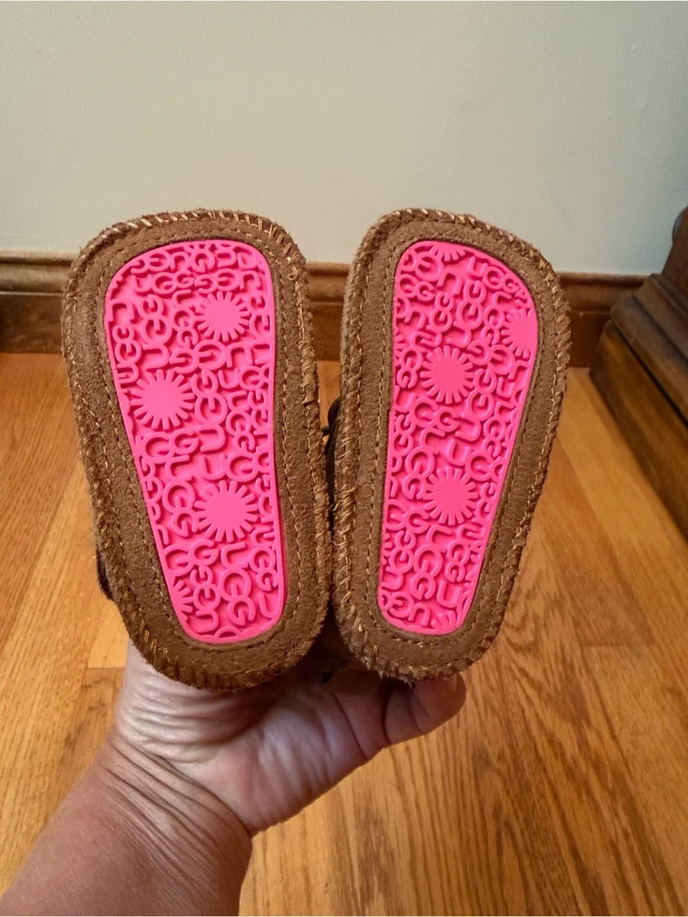 UGG Baby Booties Leather Suede Velcro Side Closure Brown Hot Pink Like new US0/1